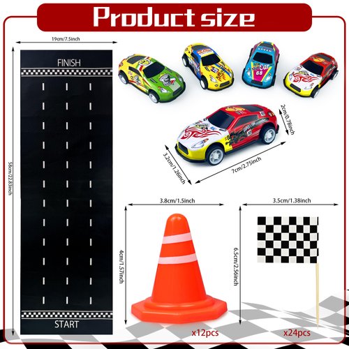 41PCS Mini Race Car Table Game Set Mini Race Cars Traffic Cones Checkered Flags Racetrack Tablecloth for Doll House Decor Birthday Party Supplies