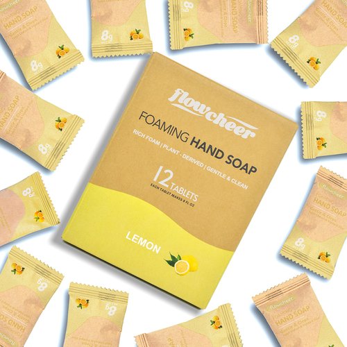 flowcheer Foaming Hand Soap Tablet Refills-12 pack Makes 96 fl oz (12 x 8 fl oz Bottles)- Lemon Scented Hand Wash Soap Refills Tablets for Zero Waste Eco Friendly Cleaning Supplies