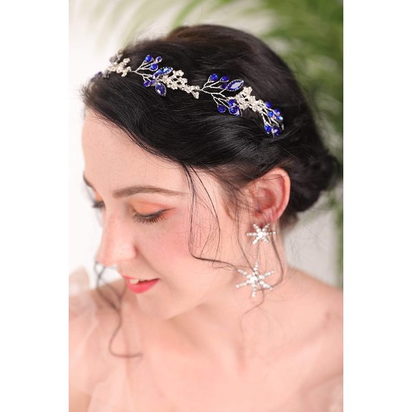 fxmimior Bridal Headpiece Blue Sapphire Rhinestone Headband Blue Crystal Hair Vine Silver Bridal Headbands for Wedding Party Wedding Hair Jewelry(Heaband)