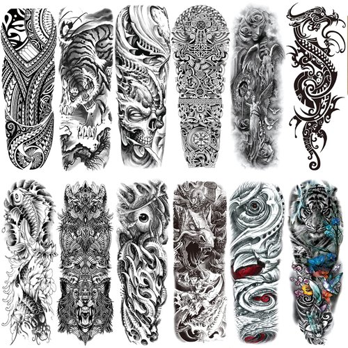 CUTELIILI Full arm temporary tattoo for Men,12sheets (L19“xW7”) Sleeve Tattoos temporary,Waterproof Terror Fake Tattoos That Look Real and Last long，Tiger Dragon Koi Evil Eyes