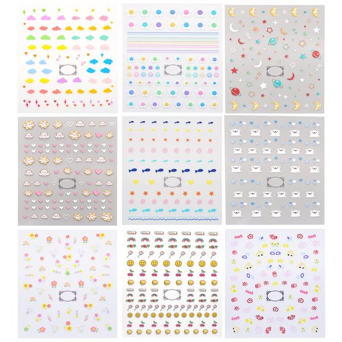 IHUKEIT Cute Nail Stickers for Kids Including Animals Flowers Cloud Star Heart and More Self Adhesive Fingernail Decal Stickers for Little Girls Women Nail Art Decoration Fun (Pack of 9)