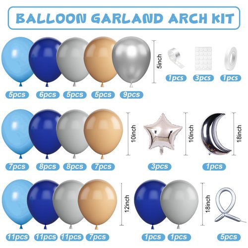 Space Theme Balloon Arch Kit, Navy Blue Gray Apricot Balloons with Moon Star Foil Balloons for Kids Boy Space Around Sun Theme Birthday Decorations First Trip Party Supplies Baby Shower Backdrop