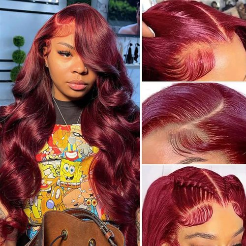 Burgundy 13x4 Lace Front Wigs Human Hair Body Wave Glueless Wine Red 99j Colored Pre Plucked with Baby Hair 180% Density HD Transparent Lace Frontal Wigs for Women (18", Burgundy)