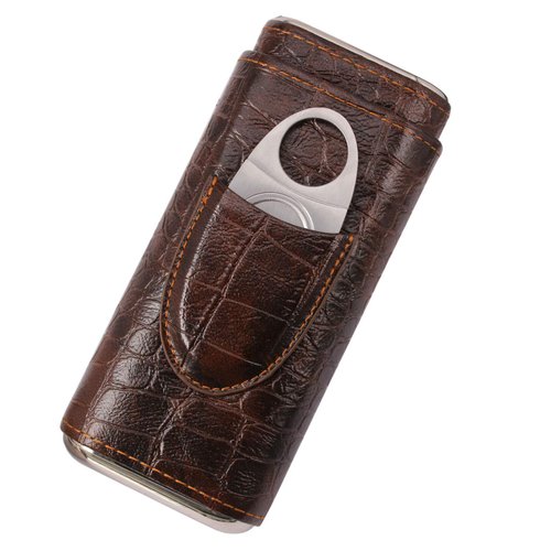 AMANCY 3-Finger Classy Black Brown Crocodile Pattern Leather Cigar Case With Small Humidifier and Cutter