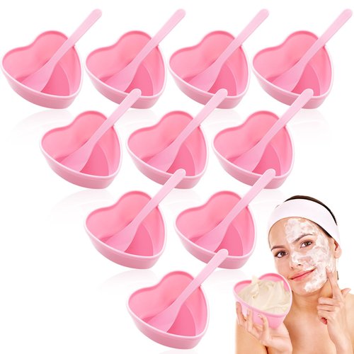 Teenyyou 10 Sets Plastic Heart Shaped Facial Mask Mixing Bowl with Spatula Esthetician Supplies Pink Facemask Bowl DIY Skin Care Mixing Tool Kit for Lady Women Home Beauty Salon Use