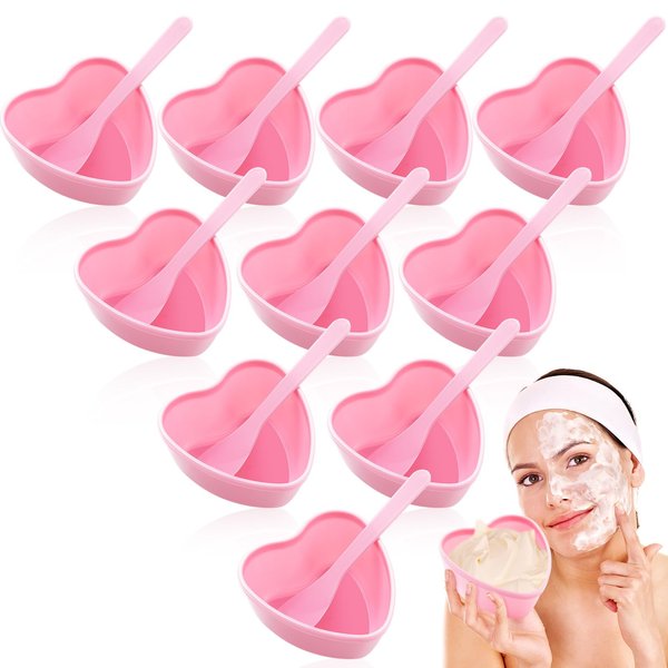 Teenyyou 10 Sets Plastic Heart Shaped Facial Mask Mixing Bowl with Spatula Esthetician Supplies Pink Facemask Bowl DIY Skin Care Mixing Tool Kit for Lady Women Home Beauty Salon Use