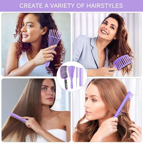 4pcs Curly Hair Brush Set for Adult & Kids Wet or Dry Hair, Detangling Brush for 3/4ABC Hair with Hair Detangler Brush Wide Tooth comb(4, Purple)