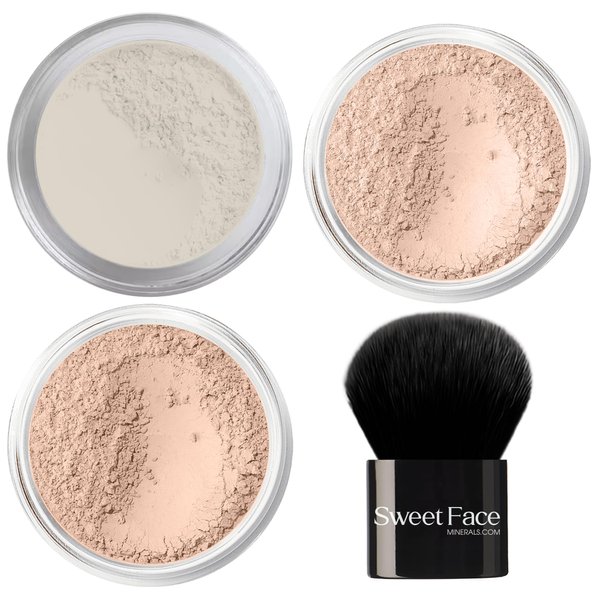 (4-in-1) SPF 30 Minerals Makeup Kit, (Light) Loose Powder Foundation Full Coverage Concealer, Setting Powder, Matte Foundation, Soft Bristled Kabuki Brush, Suitable for All Skin Types