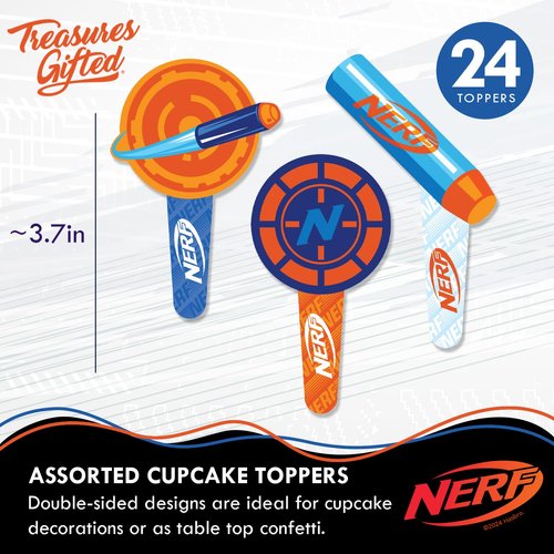 Treasures Gifted 24ct Officially Licensed Nerf Cupcake Topper & Wrappers - Nerf Cake Decorations - Nerf Birthday Party Supplies - Nerf Party Supplies - Nerf Birthday Decorations - Nerf Decorations