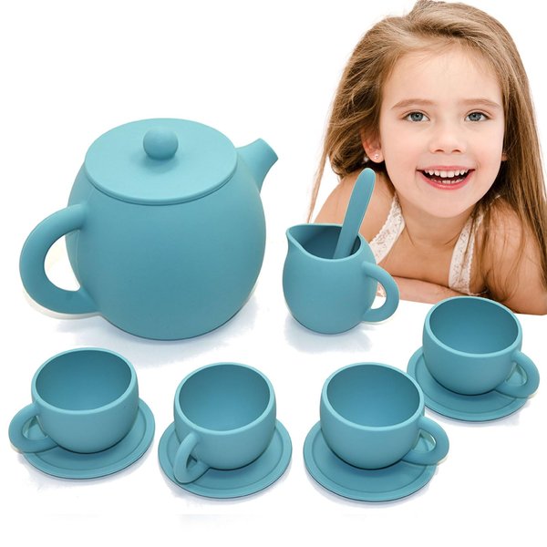 Silicone Tea Set, Silicone Tea Party Set, Pretend Play Tea Party Set for Girls, Food Grade Kids Kitchen Tea Set Accessories for Party (Blue)