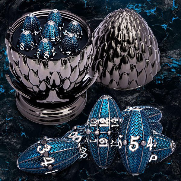 ARUOHHA DND Metal Dice Black Blue Dragon Egg Dice with Rotating Dragon Egg Shell, Dungeons and Dragons Role Playing Game RPG D&D Dice Polyhedral D and D Dice Set D20 D12 D10 D8 D6 D4