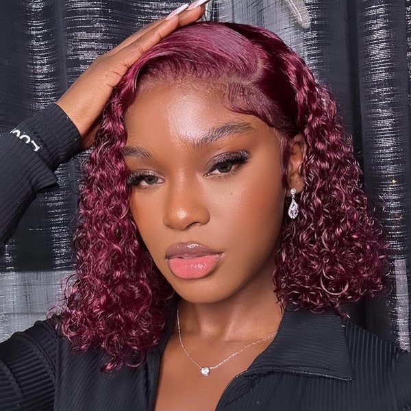 Realloves 99J Burgundy Lace Front Wigs Human Hair,13x4 Short Curly Bob Lace Frontal Wig for Women 180% Density Win Red Colored Short Lace Wigs Human Hair with Baby Hair (99j bob wigs 8inch)