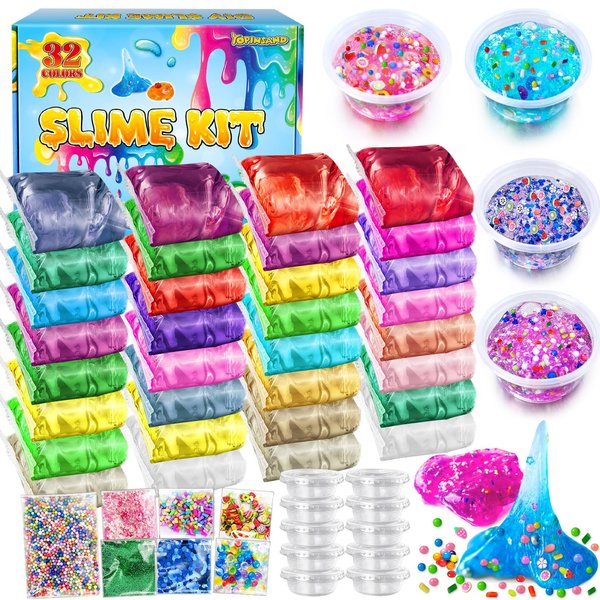 YOPINSAND 32 Pack DIY Slime Kit, Slime Making Kit for Girls, Crystal Clear Slime, Premade Slime with Add-ins, Foam Balls, Glitters, Slime Party Favors Gift Toys for Kids 3-12