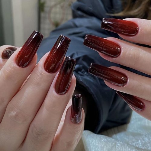 MISUD Press on Nails Long, Coffin Nails Ballet Ballerina Fake Nails, Glossy Glue on Nails, Goth Black Red Ombre Artificial Nails, Vintage Design Full Cover Acrylic Nails for Women and Girls 24 Pcs