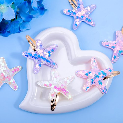 Amabro 6 Pcs Starfish Hair Clips, Glitter Sea Star Hair Barrettes Starfish Hair Accessories Sequins Snap Hair Clip Beach Sea Star Hairpins for Women Girls(Pink, Purple, White)