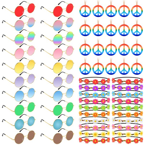 Morcheiong 60 Pcs Hippie Costume Accessory Set Includes Multicolor Daisy Flower Headbands, Round Hippie Sunglasses and Peace Sign Necklaces for 60s 70s Hippie Party Supplies