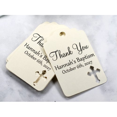 Personalized Baptism Tags with Thank You - 12pc (Cream)