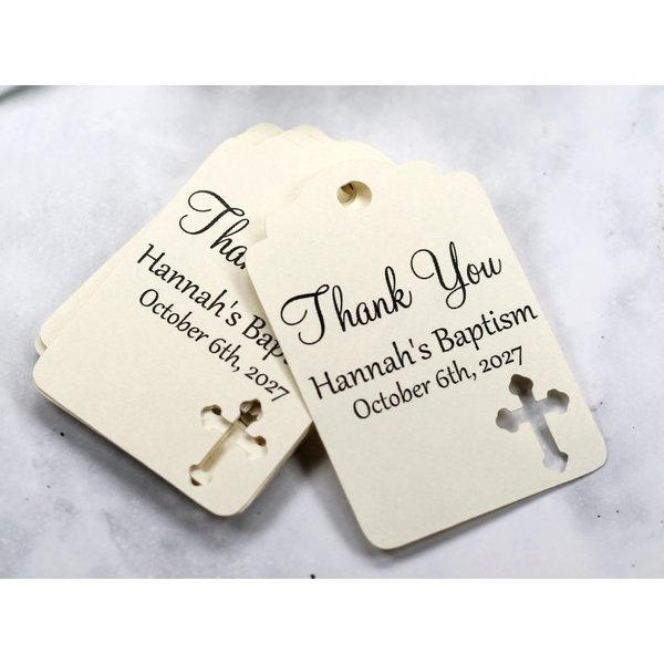 Personalized Baptism Tags with Thank You - 12pc (Cream)