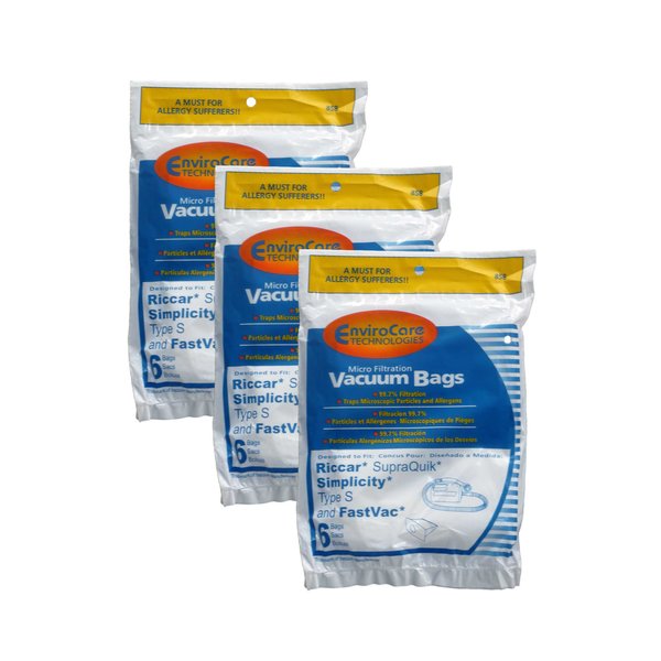 EnviroCare Replacement Micro Filtration Vacuum Cleaner Dust Bags for Riccar SupraQuik and Simplicity Type S and Fastvac 18 pack