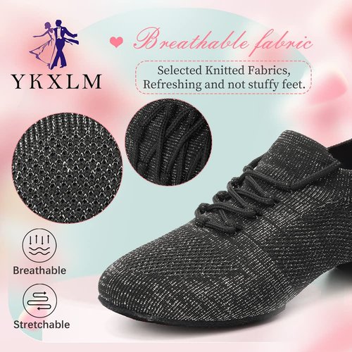 YKXLM Women Standard Practice Social Dance Sneaker Beginner Dance Practice Shoes for Women Low Heel Ballroom,Black,1" Heel,7 US