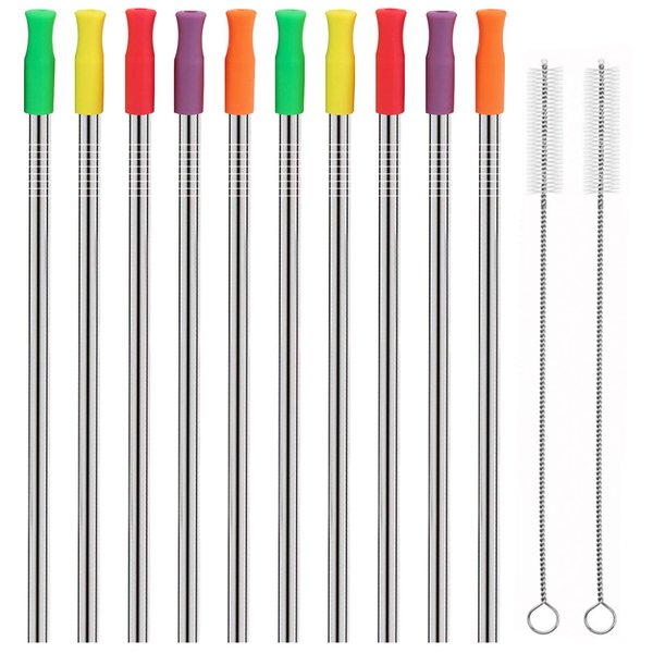 HuaQi Stainless Steel Metal Straws with Silicone Tips Set of 10 Straight Reusable Drinking Straws for 20oz 30oz Tumblers (10.5'' L 0.24''Dia Straws+ 2 Brushes)