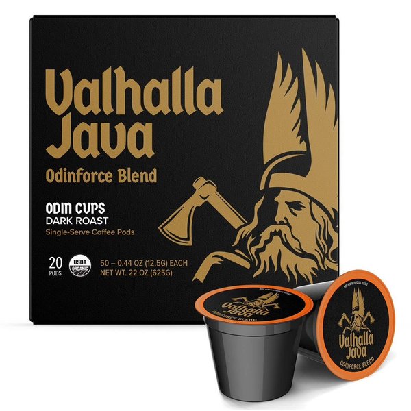 Death Wish Coffee Co. Valhalla Java Single Serve Pods - Extra Kick of Caffeine - Dark Roast Coffee Pods - Made with USDA Certified Organic Fair Trade Arabica and Robusta Beans (20 Count)