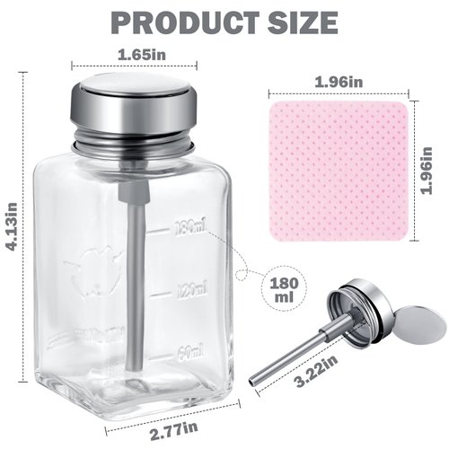 Glass Pump Bottle Dispenser Set, 6 Oz/180 ml Clear Pump Bottles with Metal Flip Cover, 200 PCS Lint Free Nail Wipes, Makeup Nail Polish Remover Refillable Container Push Down Dispenser Bottles