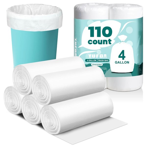 4 Gallon Trash Bags, 110 Count Small Trash Bags Bathroom, White Small Trash Bag for Office Bedroom Bathroom Car, Small Garbage Bags Point-Break Design, YUFDA Unscented Trash Bags