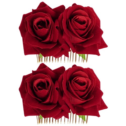 Topbuti 2 Pack Rose Flower Hair Clip Comb Wedding Floral Clips Hairpin Mexican Hair Accessories for Woman Girl Halloween Valentines Mother's Day Flamenco Dancer (Red)