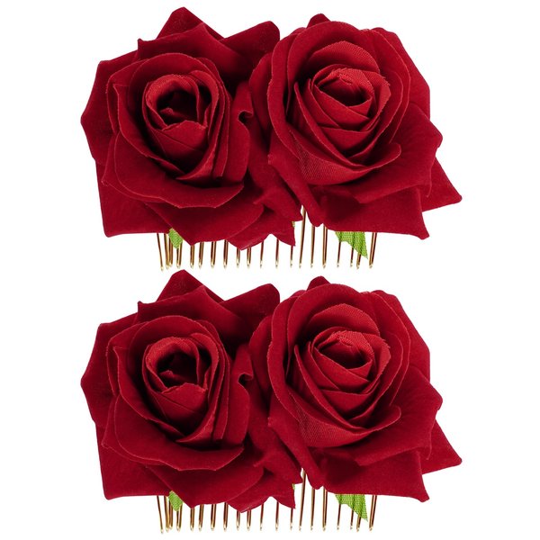 Topbuti 2 Pack Rose Flower Hair Clip Comb Wedding Floral Clips Hairpin Mexican Hair Accessories for Woman Girl Halloween Valentines Mother's Day Flamenco Dancer (Red)