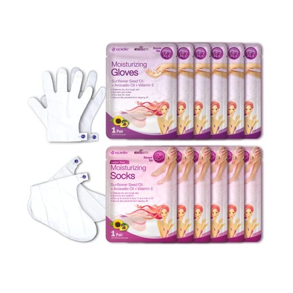 Epielle Moisturizing Hand & Foot Masks (Glove & Socks 12pk) for Dry Hand, Dry & Cracked Heel Spa Masks Sunflower Seed Oil + Avocado Oil + Vitamin E,Mothers Day Gifts