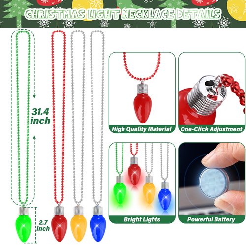 24pcs Christmas Necklace Bulk, Light up Christmas Bead Necklace with Bulb Pendant, Green Yellow Red Blue Bead Necklaces Accessories Bulk, Christmas Bead for Xmas Ugly Sweater New Year Party Supplies