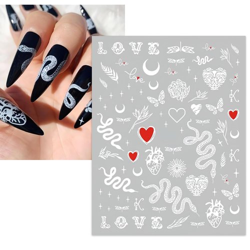 5 Sheets Black Snake Nail Art Stickers White Black Flower Big Snake Nail Decals Red Love Heart Nail Art Supplies Butterfly Star Moon Leaf Nail Art Design Decoration Accessories for Women Manicure