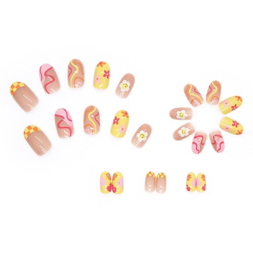 MERVF Round Press on Nails Medium Fake Nails French Tip Yellow Pink Oval Glue on Nails with Cute Flower 24pcs Glossy Acrylic Nails Stripe False Nails Press ons