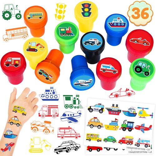 36PCS Transportation Party Favors 24 Tattoos Sticker 12 Stamp Set - Ideal Car Train Plane Themed Birthday Card Decorations Supplies Goodie Bag Cute Rewards for Boys Classroom Gifts Baby Shower Prizes