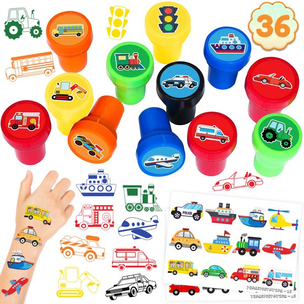 36PCS Transportation Party Favors 24 Tattoos Sticker 12 Stamp Set - Ideal Car Train Plane Themed Birthday Card Decorations Supplies Goodie Bag Cute Rewards for Boys Classroom Gifts Baby Shower Prizes