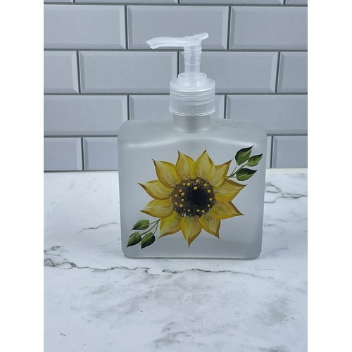 Frosted soap dispenser with Hand Painted Sunflower