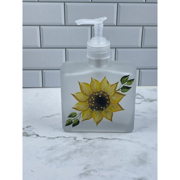 Frosted soap dispenser with Hand Painted Sunflower