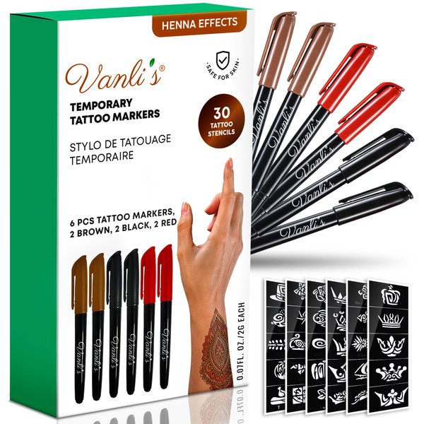 Vanli's Temporary Tattoo Markers for Skin With 30 Unique Tattoo Stencils. Black, Red and Brown Tattoo Pens for Skin Temporary. Skin Safe, Great Stocking Stuffer For Kids, Teens and Adults