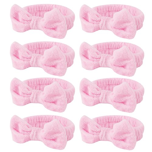 Casoty 8 Pcs Pink Spa Headband, Bow Hair Band, Soft Coral Fleece Makeup Headband, Hair Band for Washing Face, Headbands for Women Makeup, Skincare Headbands for Face Washing Shower Yoga Skin Care