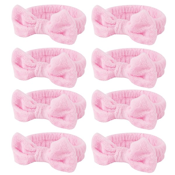 Casoty 8 Pcs Pink Spa Headband, Bow Hair Band, Soft Coral Fleece Makeup Headband, Hair Band for Washing Face, Headbands for Women Makeup, Skincare Headbands for Face Washing Shower Yoga Skin Care
