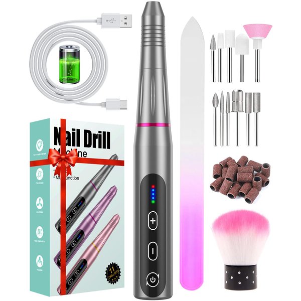 Electric Nail Drill Cordless, Rechargeable & 5 Adjustable Speeds Nail Drill Machine, Professional Nail Drill for Gel/Acrylic Nails with 20000 RPM, Portable Manicure Pedicure Kit Gifts for Women Mum
