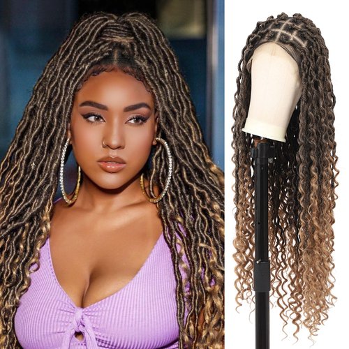 Lexqui 32" Knotless Braided Wigs for Women Braided Lace Front Wigs Full Double Lace Locs Braided Wig with Boho Curls Human Hair Blended Faux Locs Dreadlocs Braid Wig Light Brown Ombre Blonde