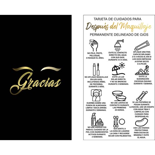 BRAWNA 50 Pck Tarjeta De Cuidado Para Después Del Maquillaje Permanente Delineado De Ojos - Spanish PMU Eyeliner Aftercare Thank You Cards - PMU Supplies - Microblading Kit - Black