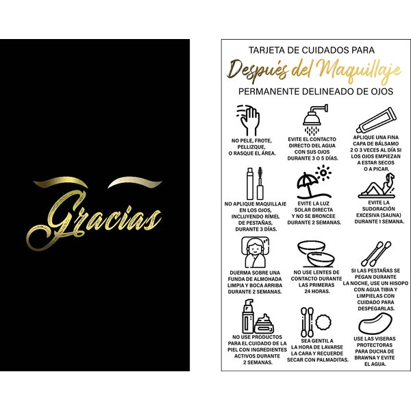 BRAWNA 50 Pck Tarjeta De Cuidado Para Después Del Maquillaje Permanente Delineado De Ojos - Spanish PMU Eyeliner Aftercare Thank You Cards - PMU Supplies - Microblading Kit - Black