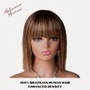 Melanin Manes Short Bob Wig With Bangs 100% Brazilian Human Hair Straight 10 Inch Ombre Brown With Blonde Highlights 4/27 180% Density Glueless Machine Made With Razor Comb With Wig Cap