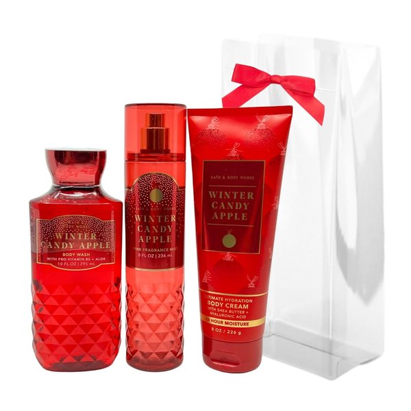 Bath & Body Works WINTER CANDY APPLE 3-piece Gift Set with a Red Bow for Holidays & Gifts - Body Wash, Mist, Body Cream - Full Size