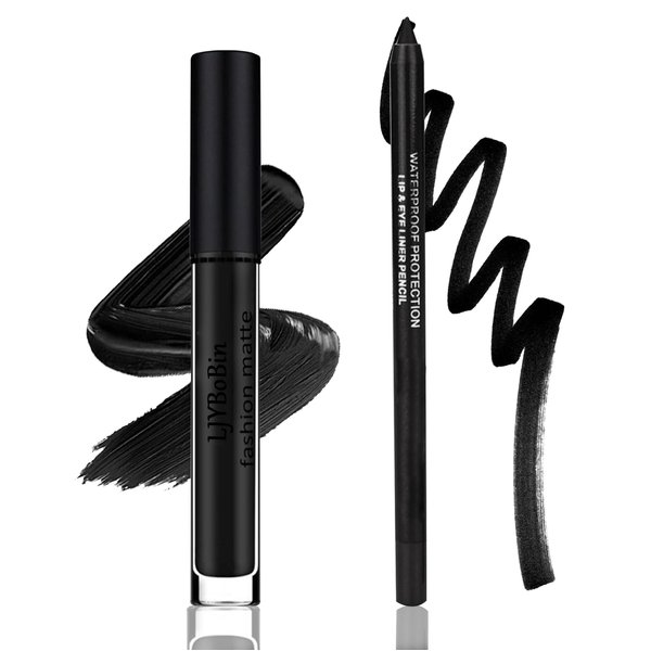 Black Matte Liquid Lipstick Set,Waterproof Smudge Proof Black Lip Liner and Lipstick Set for Women,Velvet Long Lasting Non-stick Cup Lip Gloss Stain Set for Halloween Cosplay Goth Daily Lip Makeup