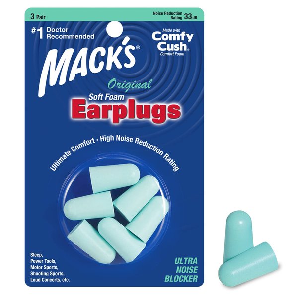 Mack's Original Soft Foam Earplugs, 3 Pair - 33B Highest NRR, Comfortable Ear Plugs for Sleeping, Snoring, Work, Travel & Loud Events | Made in USA
