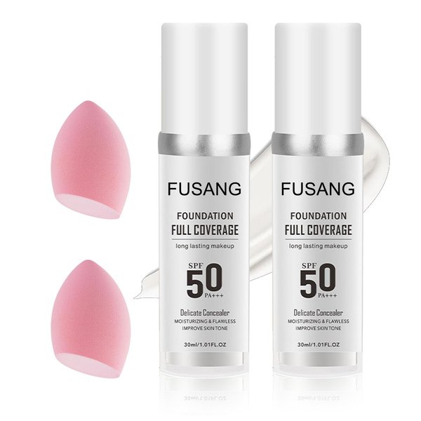 2PCS Color Changing Foundation,Full Coverage Foundation Long Lasting Flawless Liquid Foundation Set with 2 Cosmetics Sponge,Non-Greasy Liquid Cover Concealer Foundation Nude Makeup Base 30ml